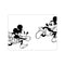 A black and white illustration of Mickey Mouse and Minnie Mouse in a playful chase. Minnie, wearing a polka-dot dress, runs forward while Mickey, with a wide smile, follows behind, bringing a sense of retro.