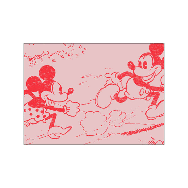 Mickey and Minnie Mouse depicted in vibrant red linework with a textured, dusty rose background, conveying a sense of joyful movement and spirited adventure.