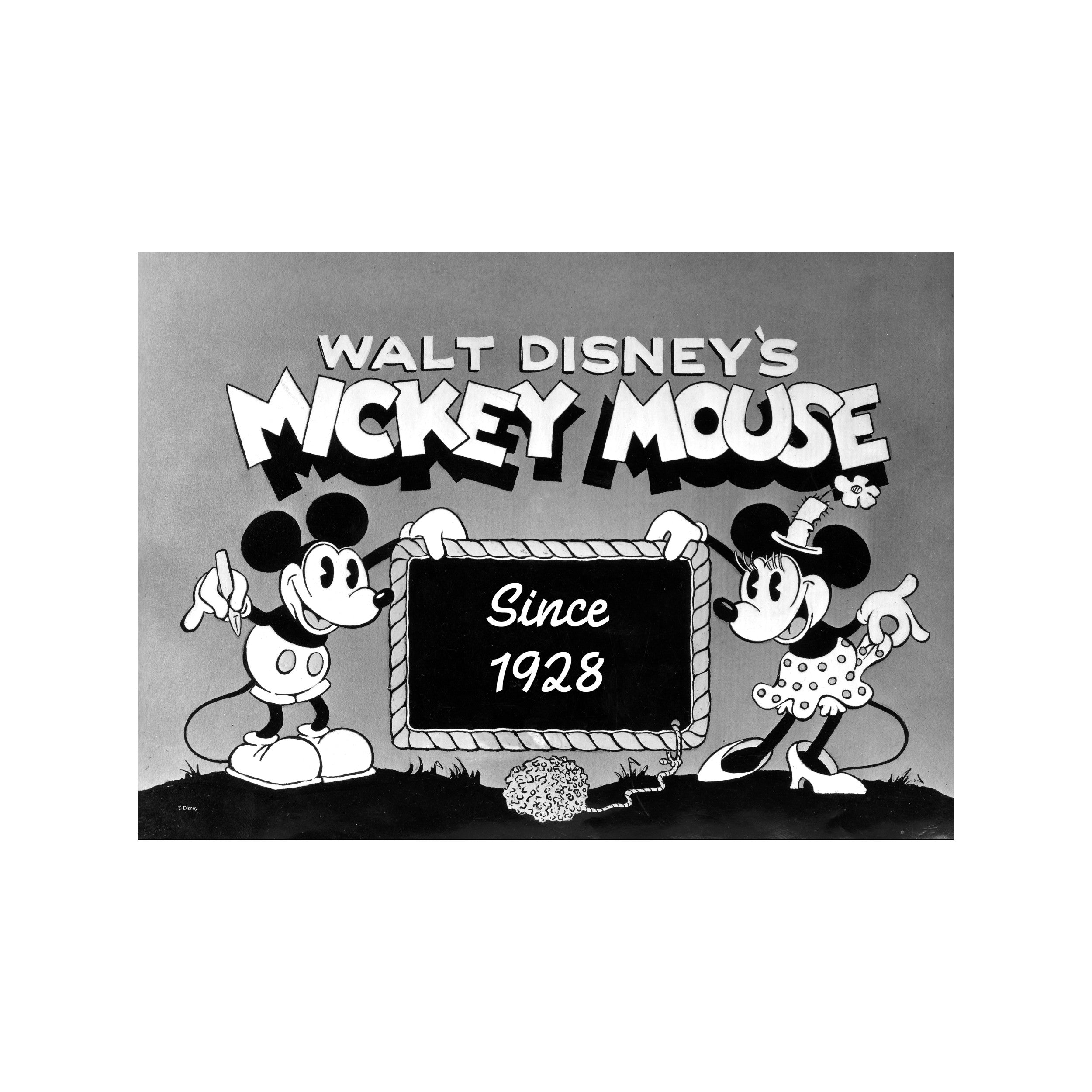 Mickey and Minnie Mouse holding a sign that reads 'Since 1928', rendered in a classic black and white vintage cartoon style, evoking joy and nostalgia.