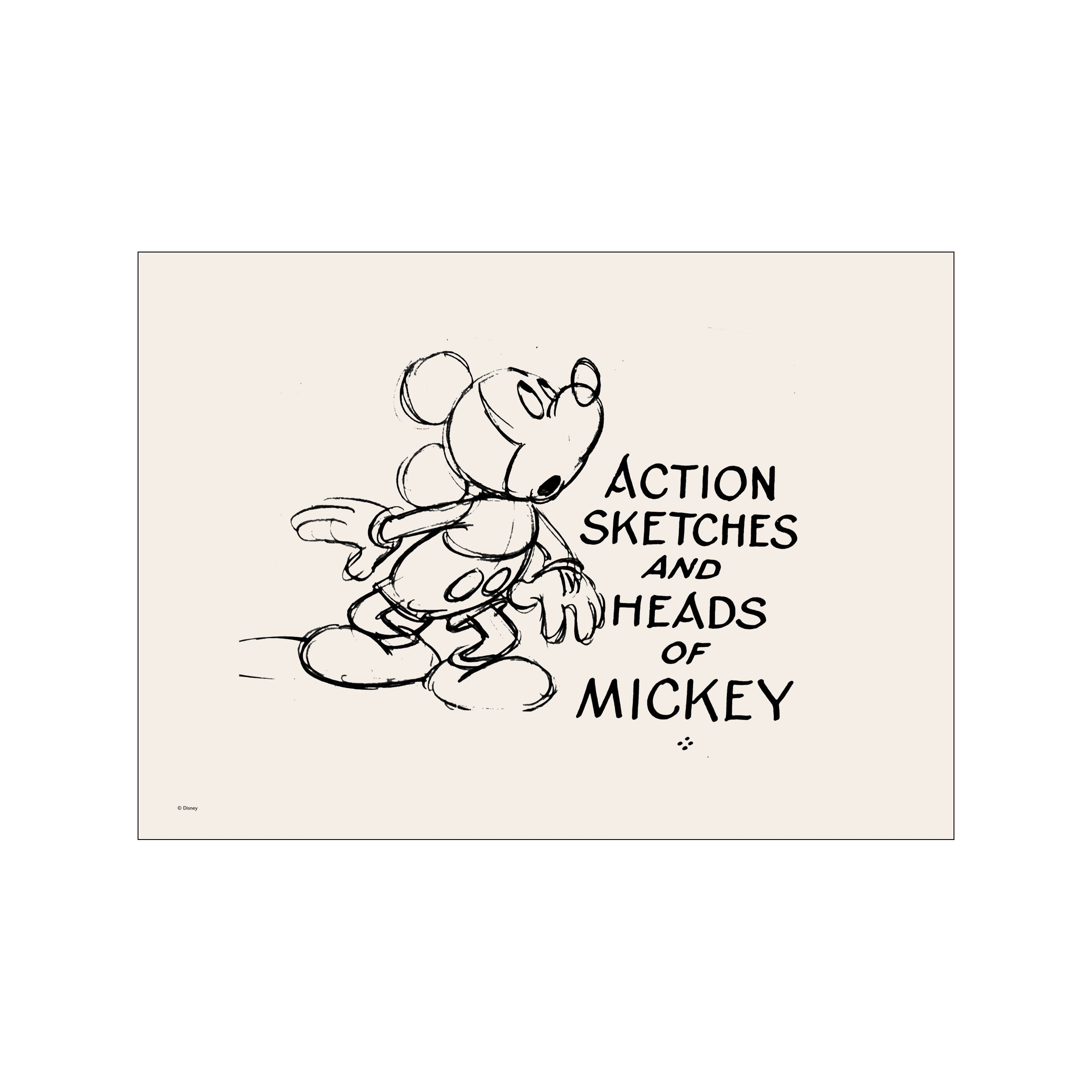 A black ink sketch of Mickey Mouse in a dynamic pose, with text 'Action Sketches and Heads of Mickey' displayed beside him. The artwork has a vintage feel on a subtle cream background.