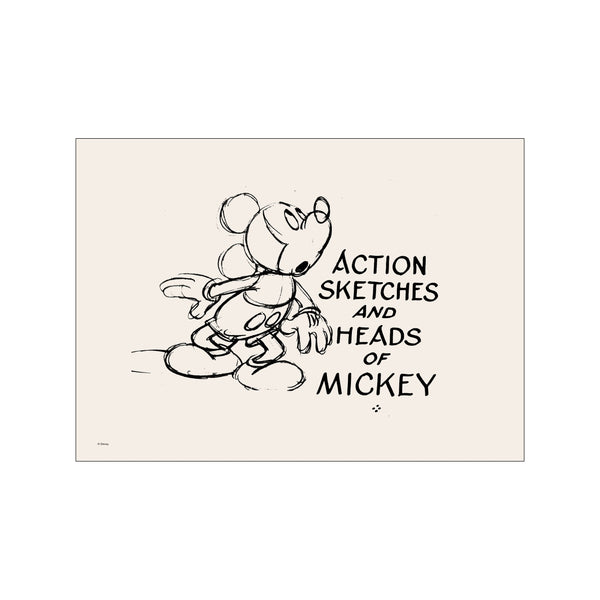 A black ink sketch of Mickey Mouse in a dynamic pose, with text 'Action Sketches and Heads of Mickey' displayed beside him. The artwork has a vintage feel on a subtle cream background.