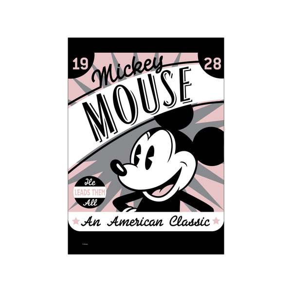 A stylized graphic depiction of Mickey Mouse in black and white, with the words 'Mickey Mouse' in a flowing script and 'An American Classic' below. The background features radiating lines in soft pink and grey.