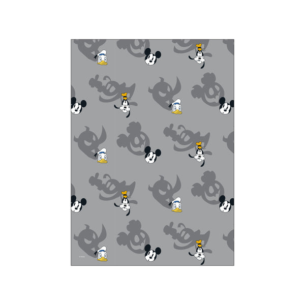 A pattern of happy Disney characters like Mickey Mouse, Donald Duck, and Goofy, with their playful jack-o'-lantern-like shadows, set against a cool grey background for a festive and charming Halloween display.