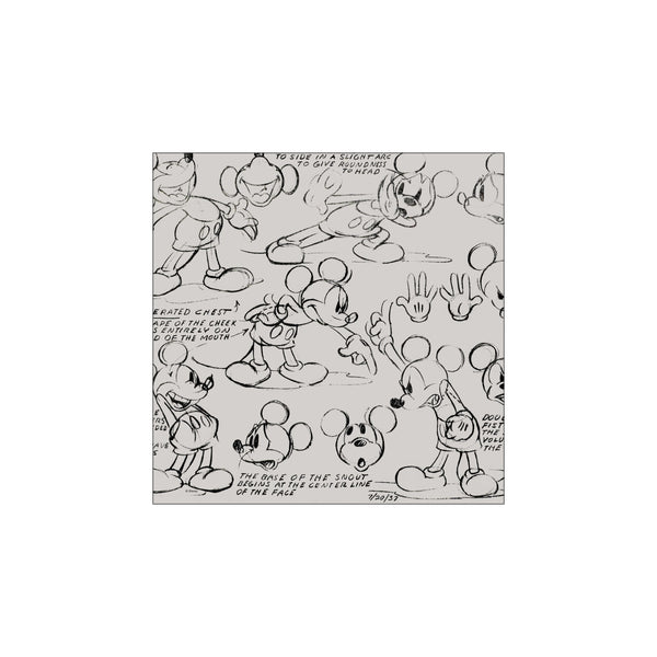 A collection of hand-drawn animation sketches of Mickey Mouse in various poses and expressions, rendered in black charcoal lines on a soft gray background, hinting at classic character development.