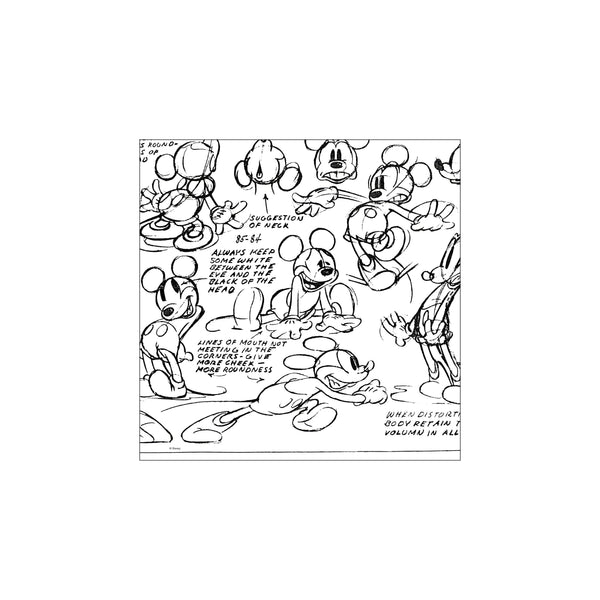 A collection of rough, black-and-white animation sketches of Mickey Mouse in various playful poses and expressions, capturing the essence of early character design.