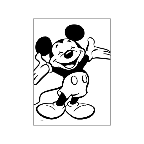 A classic black and white graphic of Mickey Mouse with a wide, happy smile, arms spread wide in an enthusiastic welcome gesture, evoking pure joy and playful energy.