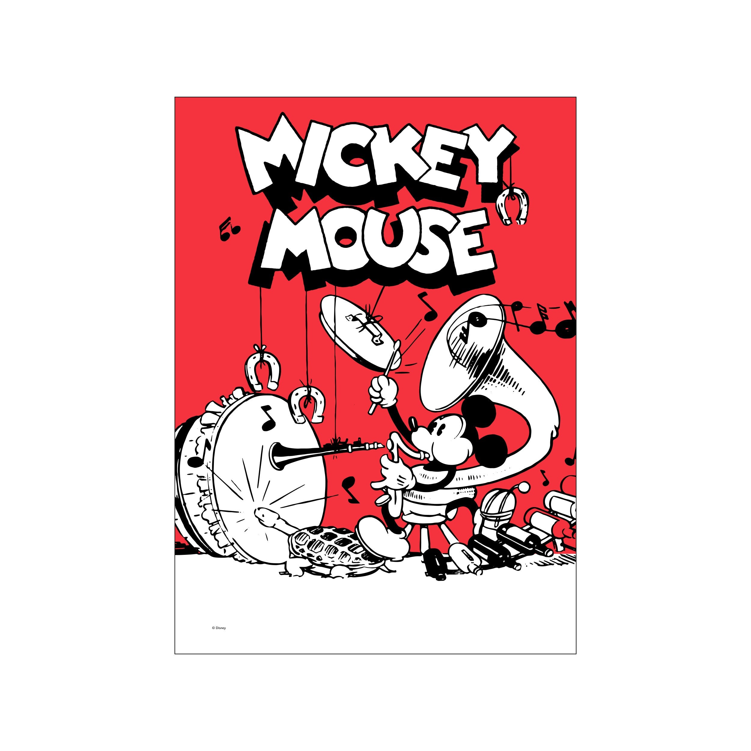 Mickey Mouse is depicted playing a clarinet with a big band on a vibrant red background. The artwork features bold black and white linework, musical notes, and a playful, vintage feel.