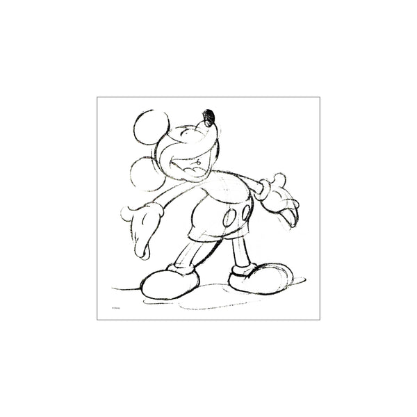 A charming charcoal sketch of Mickey Mouse in his iconic shorts and shoes, arms outstretched in a welcoming gesture against a white background, evoking a sense of nostalgic joy.