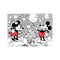 Mickey and Minnie Mouse cheerfully blowing and playing with numerous bubbles, rendered in a charming black and white illustration with hints of red, evoking a joyful and nostalgic atmosphere.