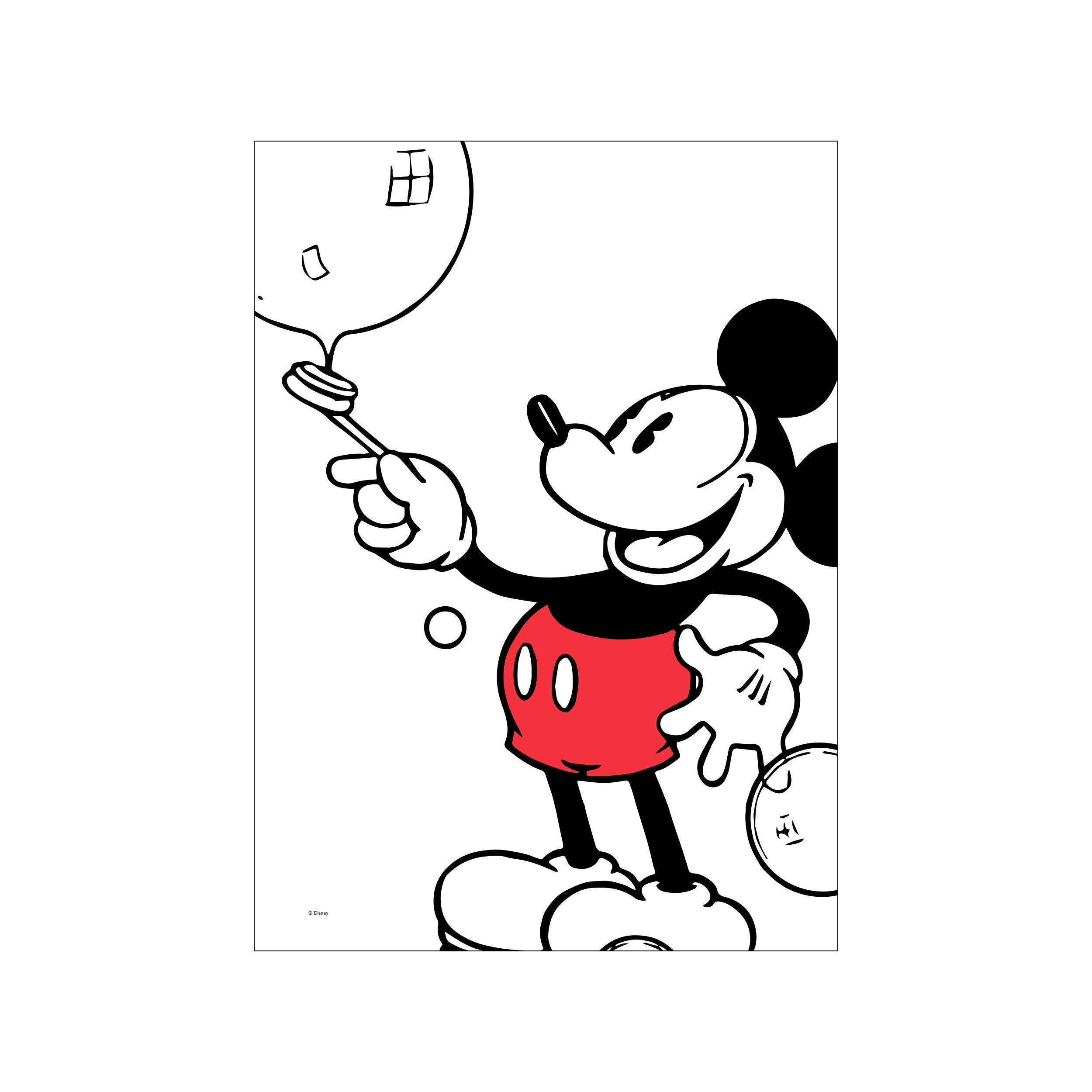 A black and white illustration of Mickey Mouse in his classic red shorts and yellow shoes, joyfully blowing bubbles. One bubble reflects a tiny house shape, suggesting whimsical wonder. The composition is simple and graphic.