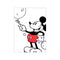 A black and white illustration of Mickey Mouse in his classic red shorts and yellow shoes, joyfully blowing bubbles. One bubble reflects a tiny house shape, suggesting whimsical wonder. The composition is simple and graphic.