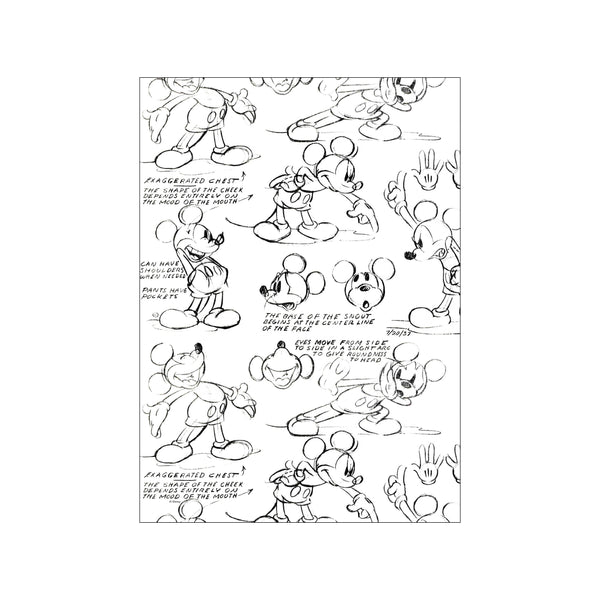 A collection of hand-drawn pencil sketches of Mickey Mouse from 1937, showing various poses and facial expressions, presented on a white background.