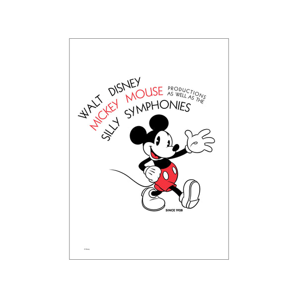Mickey Mouse in classic red shorts and black outfit, depicted in a dynamic step pose with whimsical text surrounding him in black and red, suggesting a vintage animation feel.