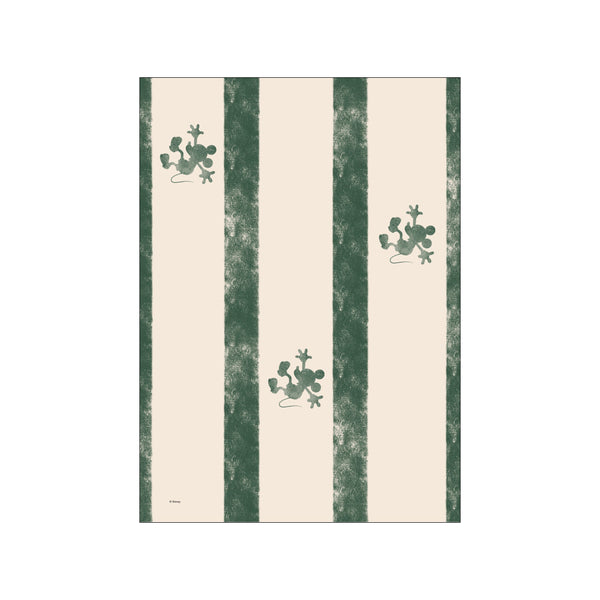 Mickey Mouse silhouetted in a playful pose, climbing against a background of creamy and deep forest green vertical stripes, evoking a sense of whimsical motion and retro charm.