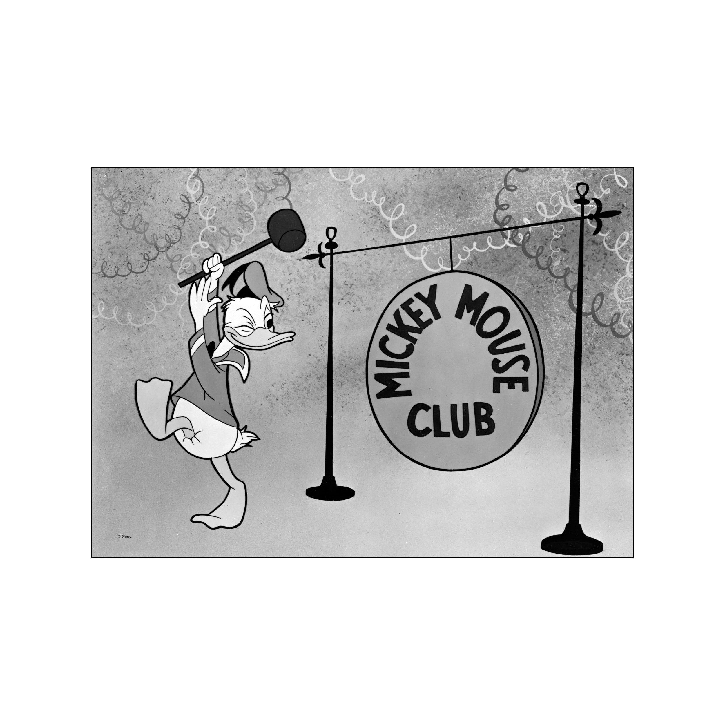 A monochrome illustration of Disney character Donald Duck enthusiastically swinging a mallet towards a gong that reads 'Mickey Mouse Club'. The background has a textured, grainy effect with swirling lines.