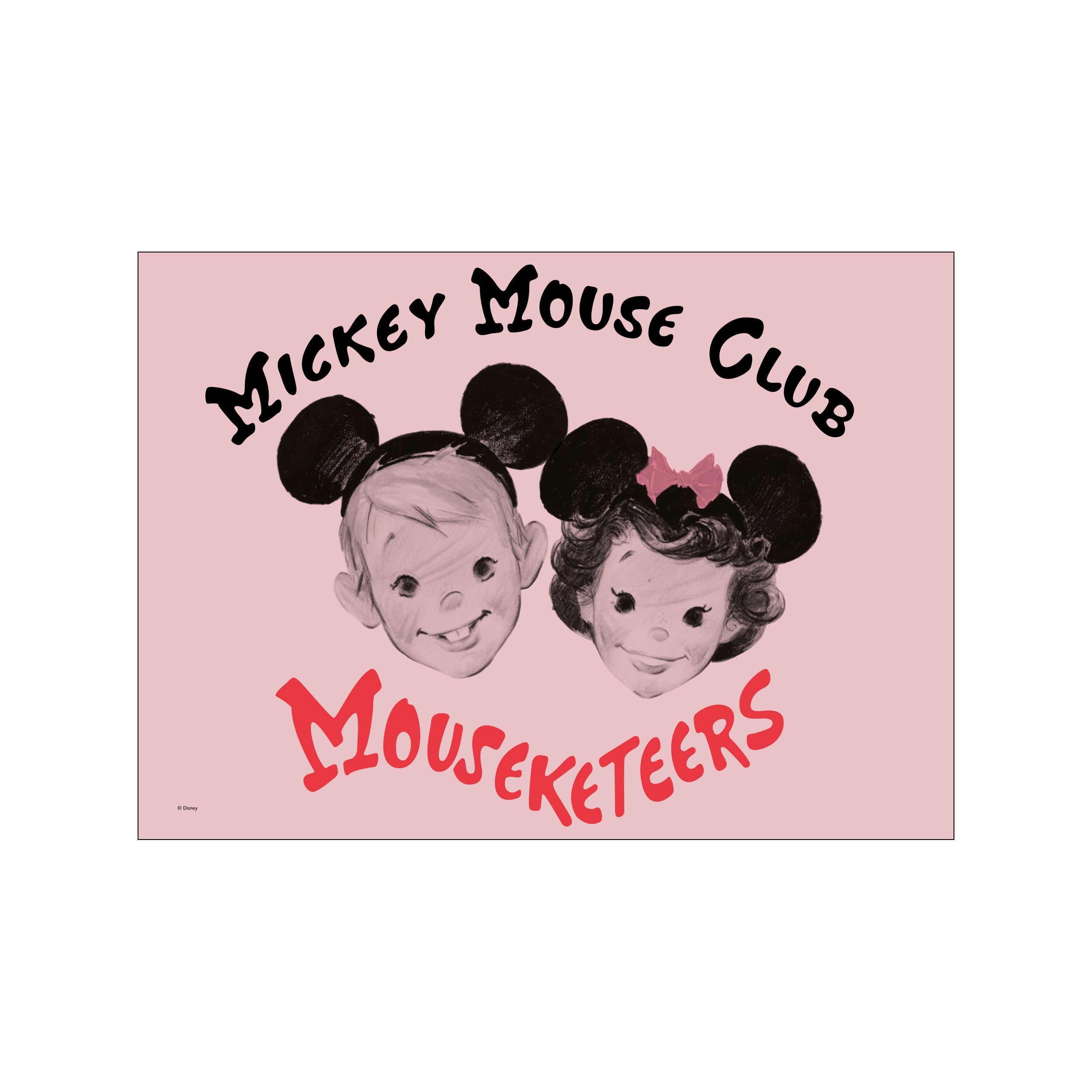 A soft pink background features a charcoal sketch of two smiling children wearing Mickey Mouse ears, with the words "Mickey Mouse Club Mouseketeers" in bold red lettering.