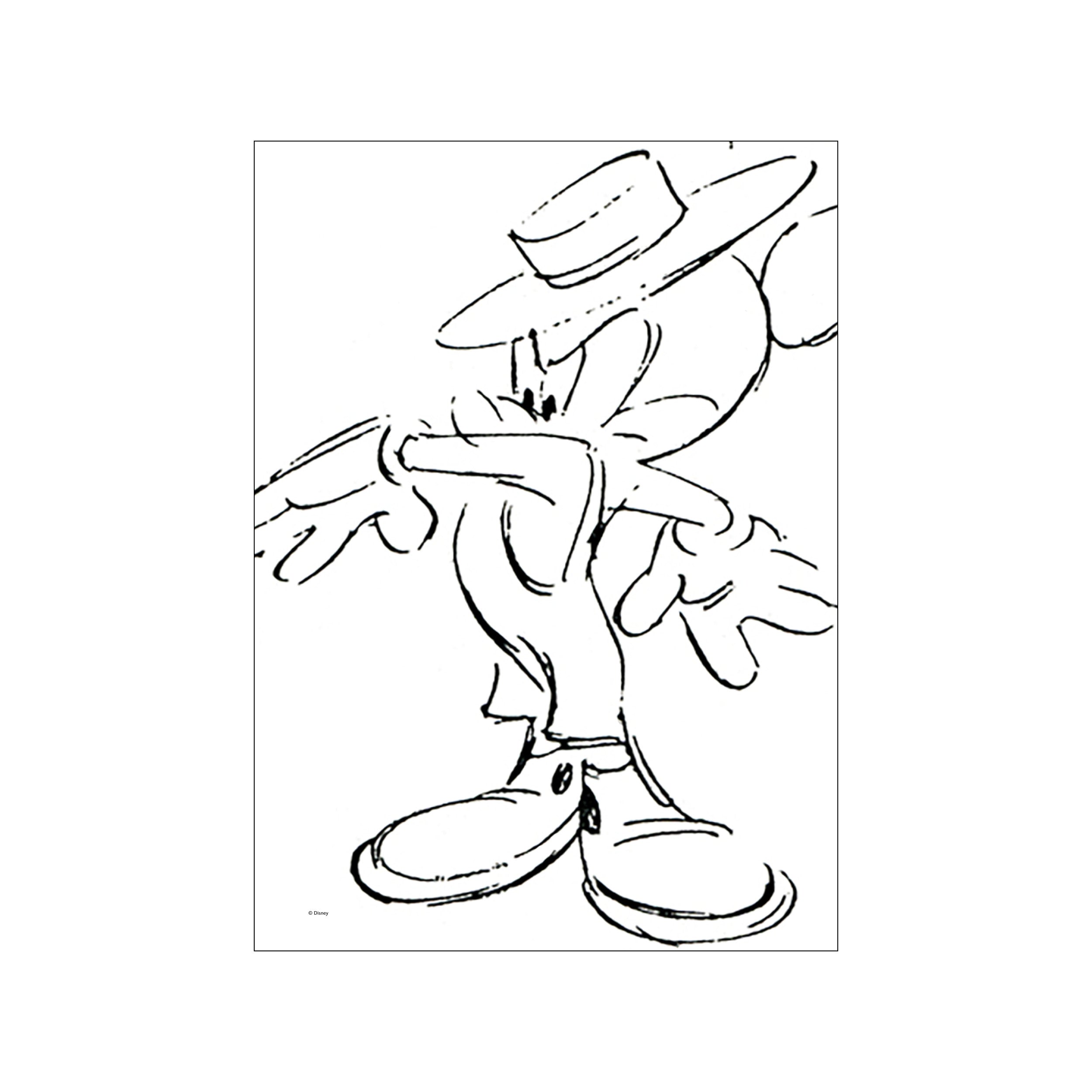 A black and white sketch of Mickey Mouse wearing a cowboy hat, presented in a minimalist, expressive line art style, conveying a sense of fun and retro charm.
