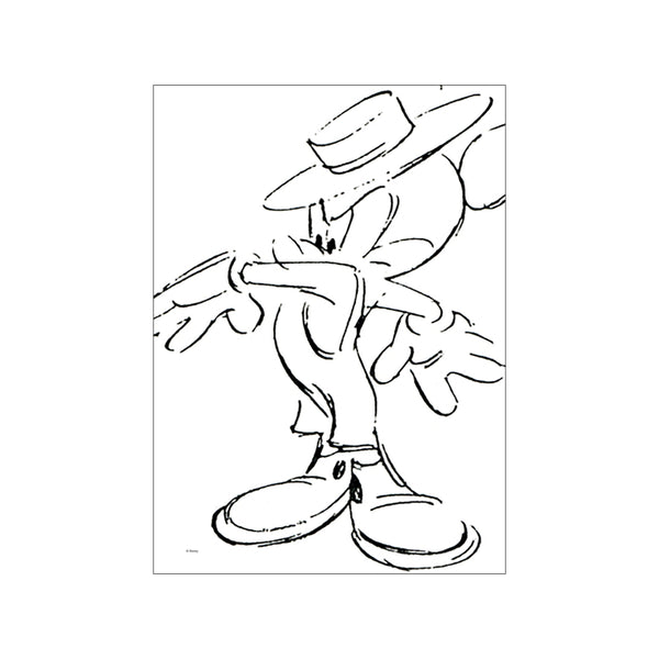A black and white sketch of Mickey Mouse wearing a cowboy hat, presented in a minimalist, expressive line art style, conveying a sense of fun and retro charm.