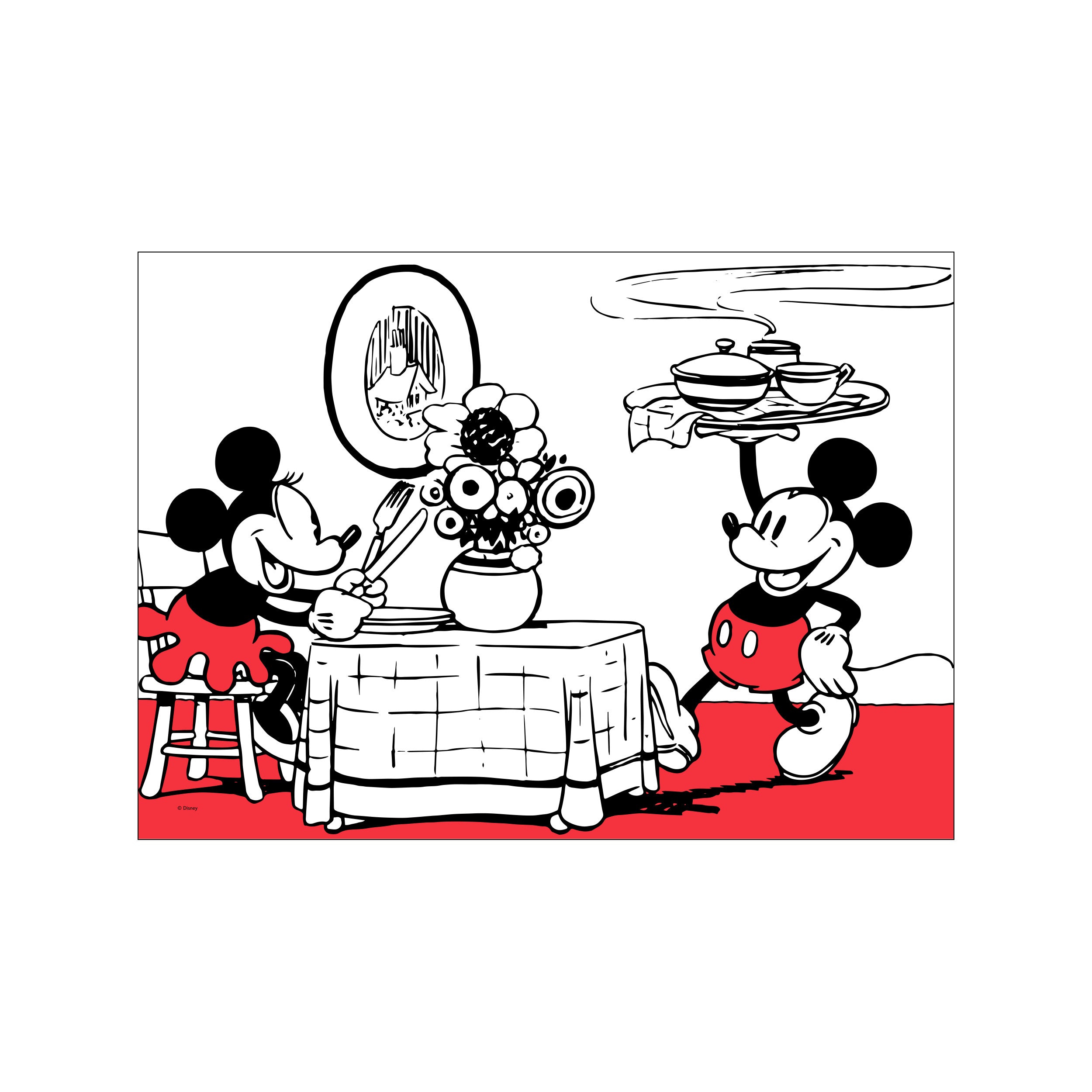 Mickey and Minnie Mouse are depicted in a charming scene preparing for dinner. Minnie sits at a table set with flowers, while Mickey approaches with a tray of steaming dishes. The artwork features bold black.