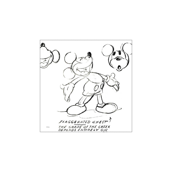 A black and white sketch of Mickey Mouse, studies of his face, and notes on his design, capturing a sense of playful movement and artistic process. Ideal for a gallery wall.