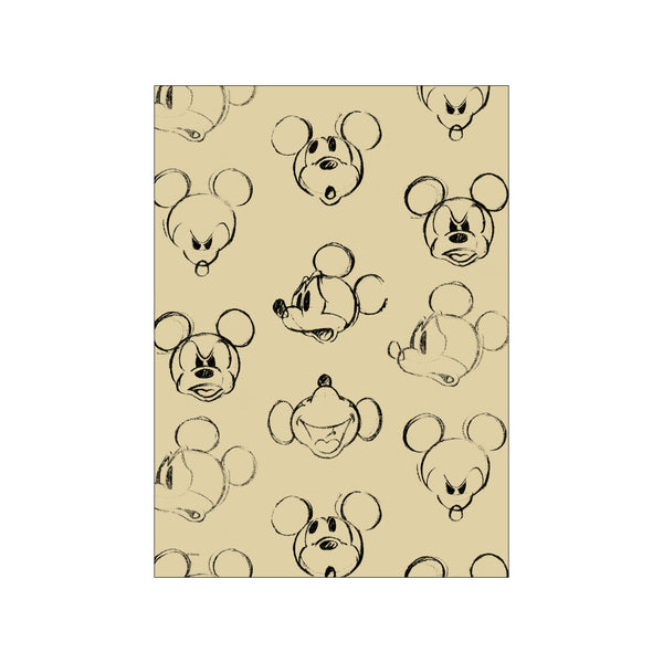 “Mickey Mouse – Faces Pattern Art Print” by Disney, fine art poster with painterly texture and balanced tones on a neutral wall.