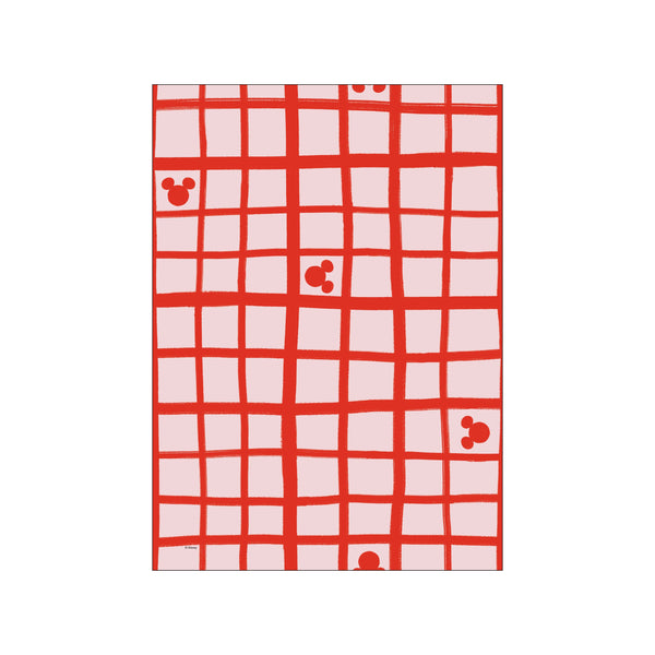 A pop art print featuring a delicate pink grid pattern overlaid with bold, hand-drawn red lines. Scattered within the grid are subtle, playful silhouettes of Mickey Mouse's head, creating a charming and artistic visual.