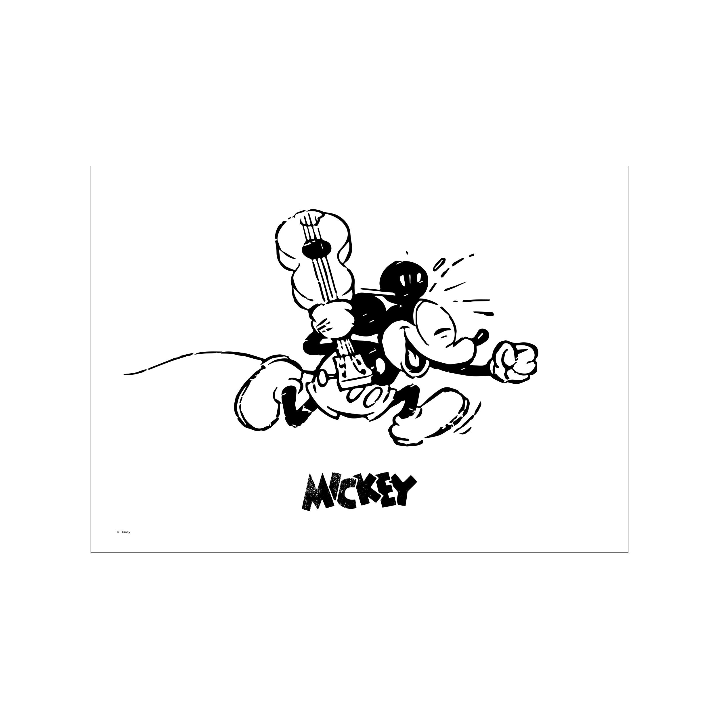 A dynamic black and white illustration of Mickey Mouse joyfully playing a guitar, with the name 'MICKEY' in bold lettering below. Captures a feeling of energetic fun and classic animation.
