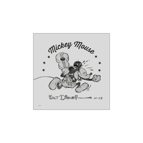 A vintage black and white illustration of Mickey Mouse energetically playing a guitar, with stars and the Walt Disney signature, evoking a playful, retro vibe.