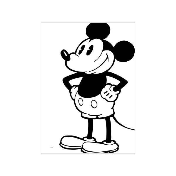 A classic black and white illustration of Mickey Mouse standing with his hands on his hips, exuding a confident and cheerful demeanor. Perfect for adding a nostalgic touch to any decor.