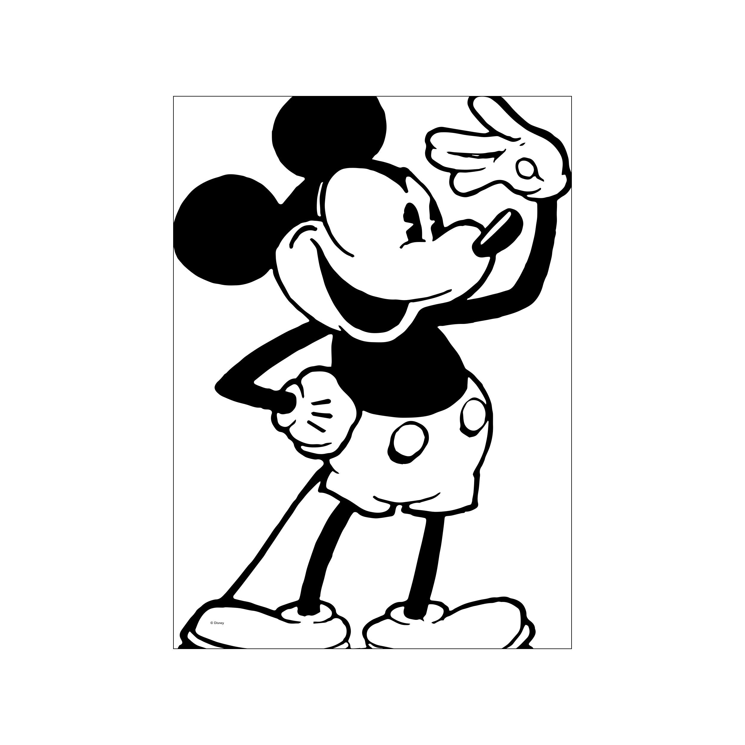 A black and white illustration of Mickey Mouse striking a confident, joyful pose with one hand on his hip and the other raised in a friendly wave. His signature smile radiates cheerful energy.