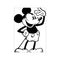 A black and white illustration of Mickey Mouse striking a confident, joyful pose with one hand on his hip and the other raised in a friendly wave. His signature smile radiates cheerful energy.