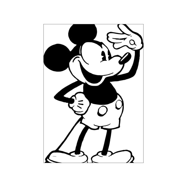 A black and white illustration of Mickey Mouse striking a confident, joyful pose with one hand on his hip and the other raised in a friendly wave. His signature smile radiates cheerful energy.