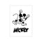 A black and white illustration of Mickey Mouse captured in a dynamic jumping pose, with his arms raised in excitement. The word 'MICKEY' appears below in bold, distressed lettering, conveying a sense of energetic joy.