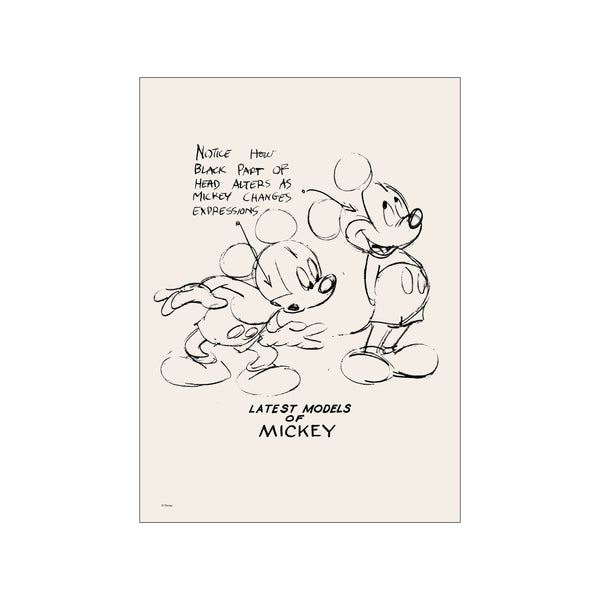 Charcoal sketches of Mickey Mouse's face showing different expressions and evolution of his head shape, set against a creamy, neutral background with handwritten notes about his design.