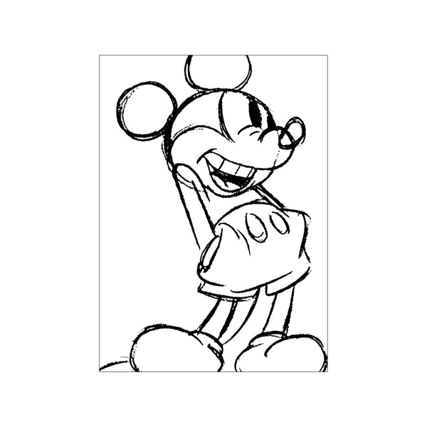 A black and white sketch of Mickey Mouse with a wide, joyous laugh, his head tilted back slightly, embodying a carefree and nostalgic spirit.