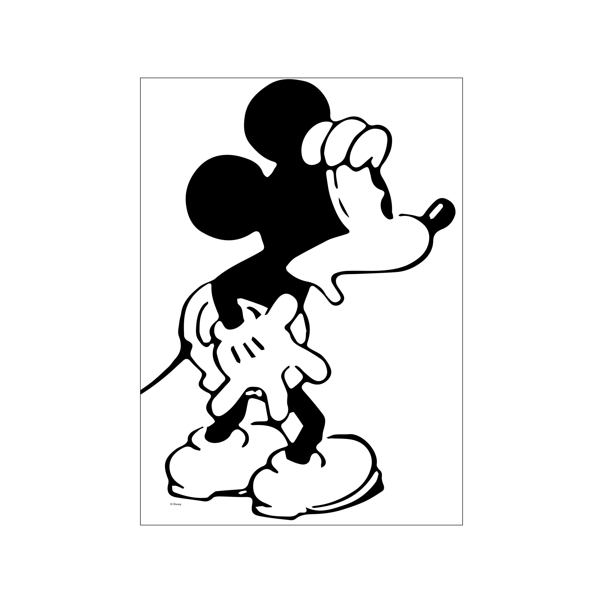 A black and white illustration of Mickey Mouse looking to the side with a thoughtful expression. His hands are clasped loosely in front of him, and his large shoes are visible. The art has a.