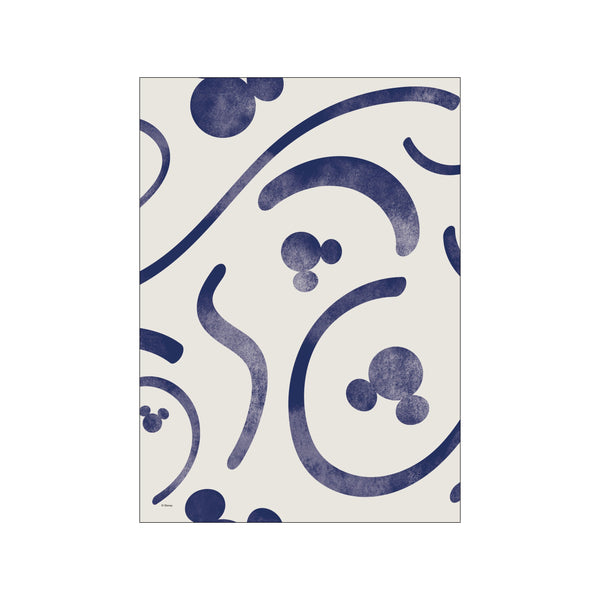 An abstract pattern featuring soft indigo curved lines and Mickey Mouse head shapes on a cream background, creating a playful and serene visual for home decor.