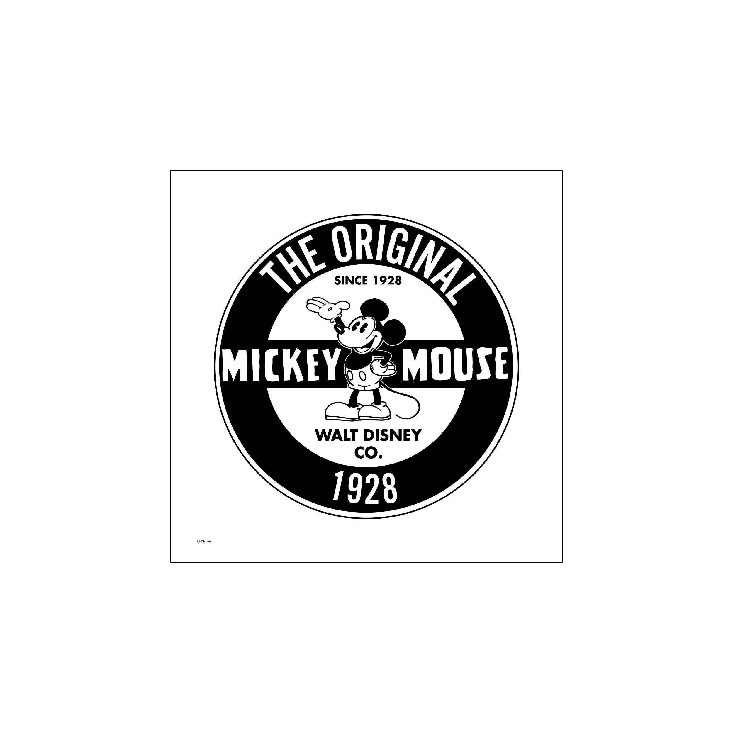 The original 1928 Mickey Mouse badge, featuring the character in black and white within a circular motif with "The Original Since 1928" and "Walt Disney Co." text, adding a playful vintage vibe to any room.