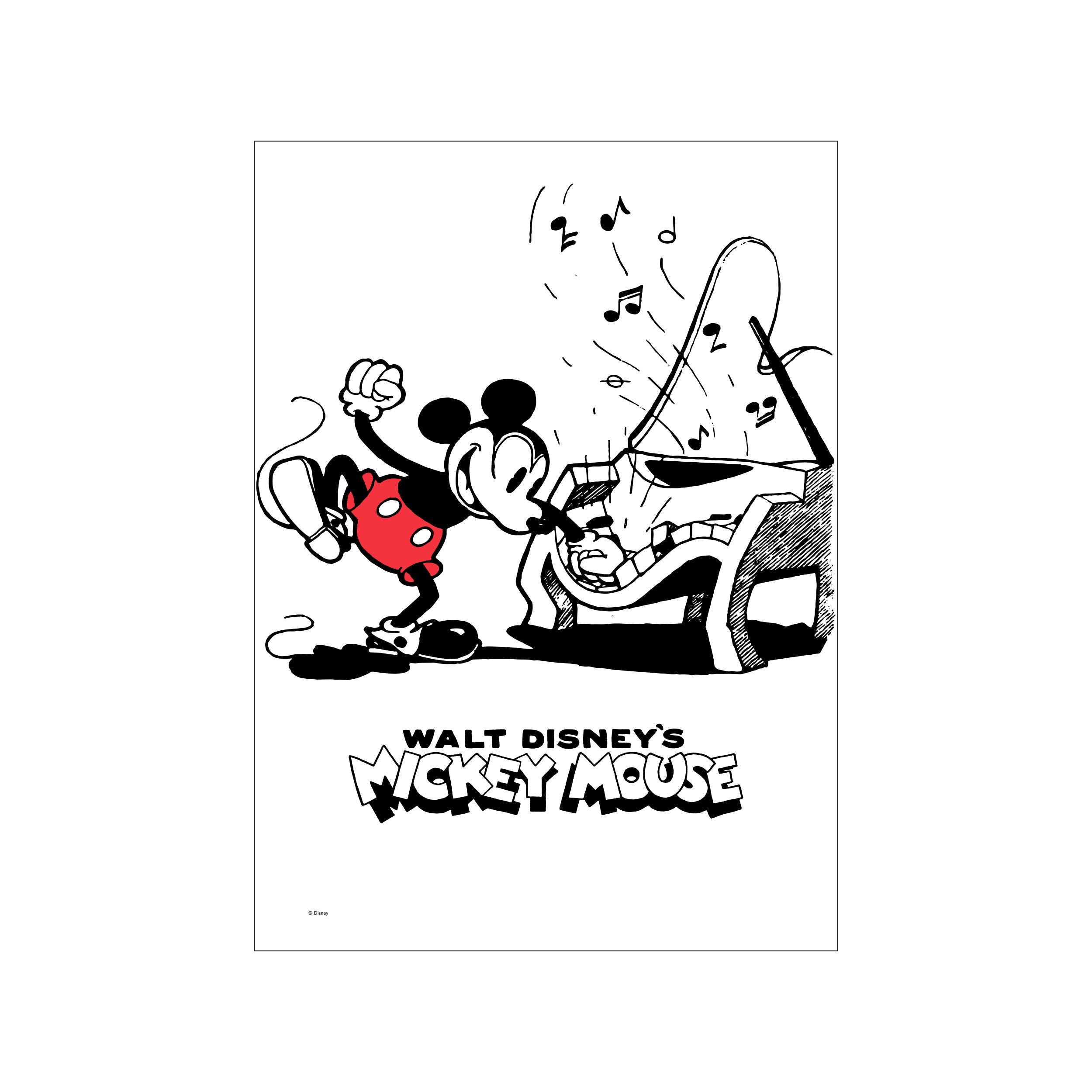 Mickey Mouse joyfully plays a piano with musical notes scattering around him, rendered in a classic black, white, and red graphic style, conveying playful energy.