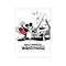 Mickey Mouse joyfully plays a piano with musical notes scattering around him, rendered in a classic black, white, and red graphic style, conveying playful energy.