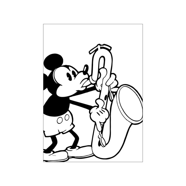 A black and white illustration of Mickey Mouse playing a tuba with focus on his expressive face and the instrument. The art has a vintage, graphic, and joyful vibe.