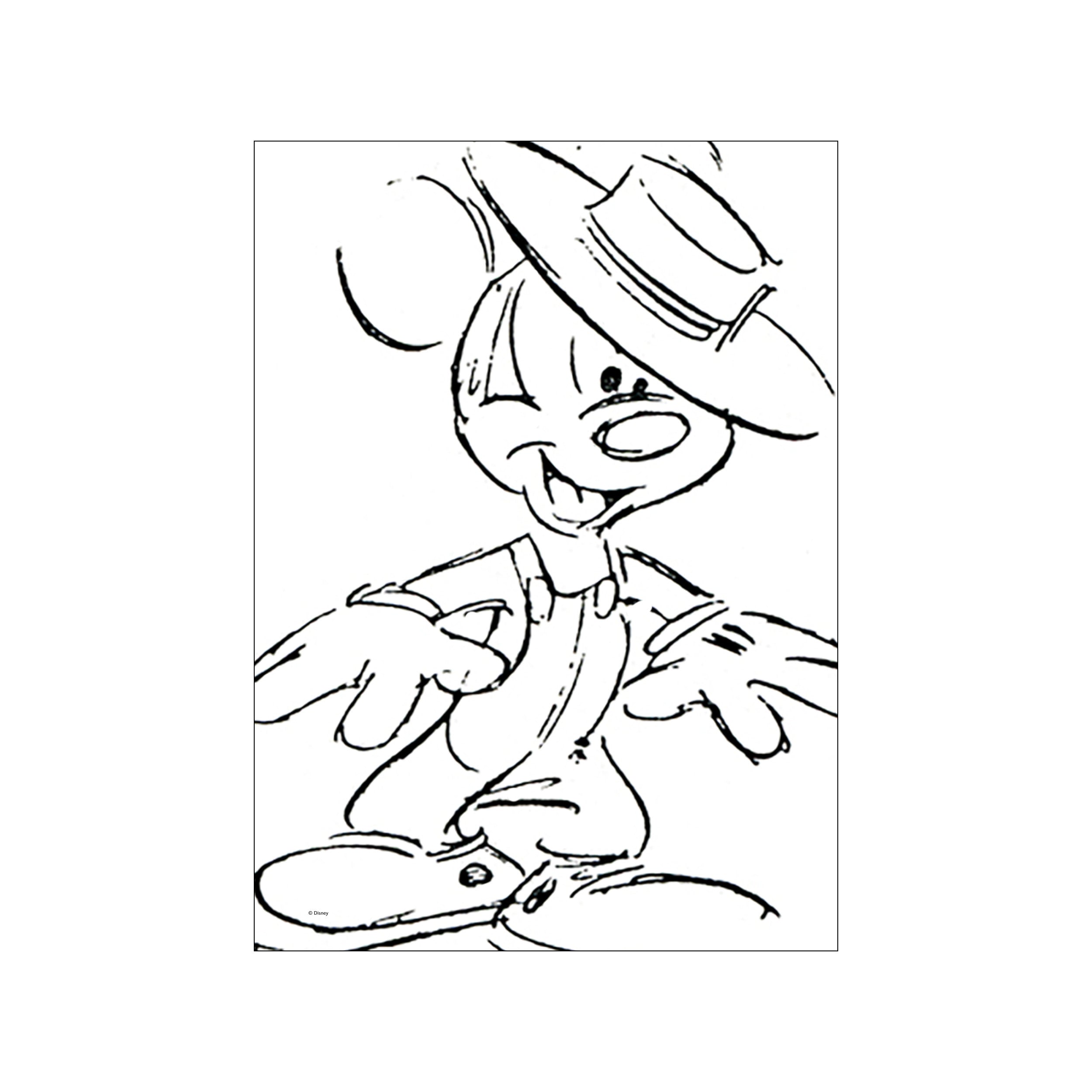A black and white ink sketch of Mickey Mouse wearing overalls and a hat, winking with a joyful expression, conveying a playful and nostalgic vibe.