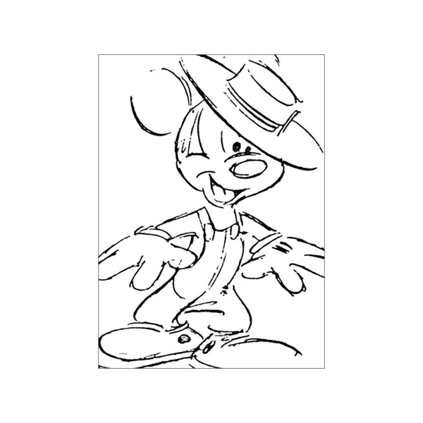 A black and white ink sketch of Mickey Mouse wearing overalls and a hat, winking with a joyful expression, conveying a playful and nostalgic vibe.