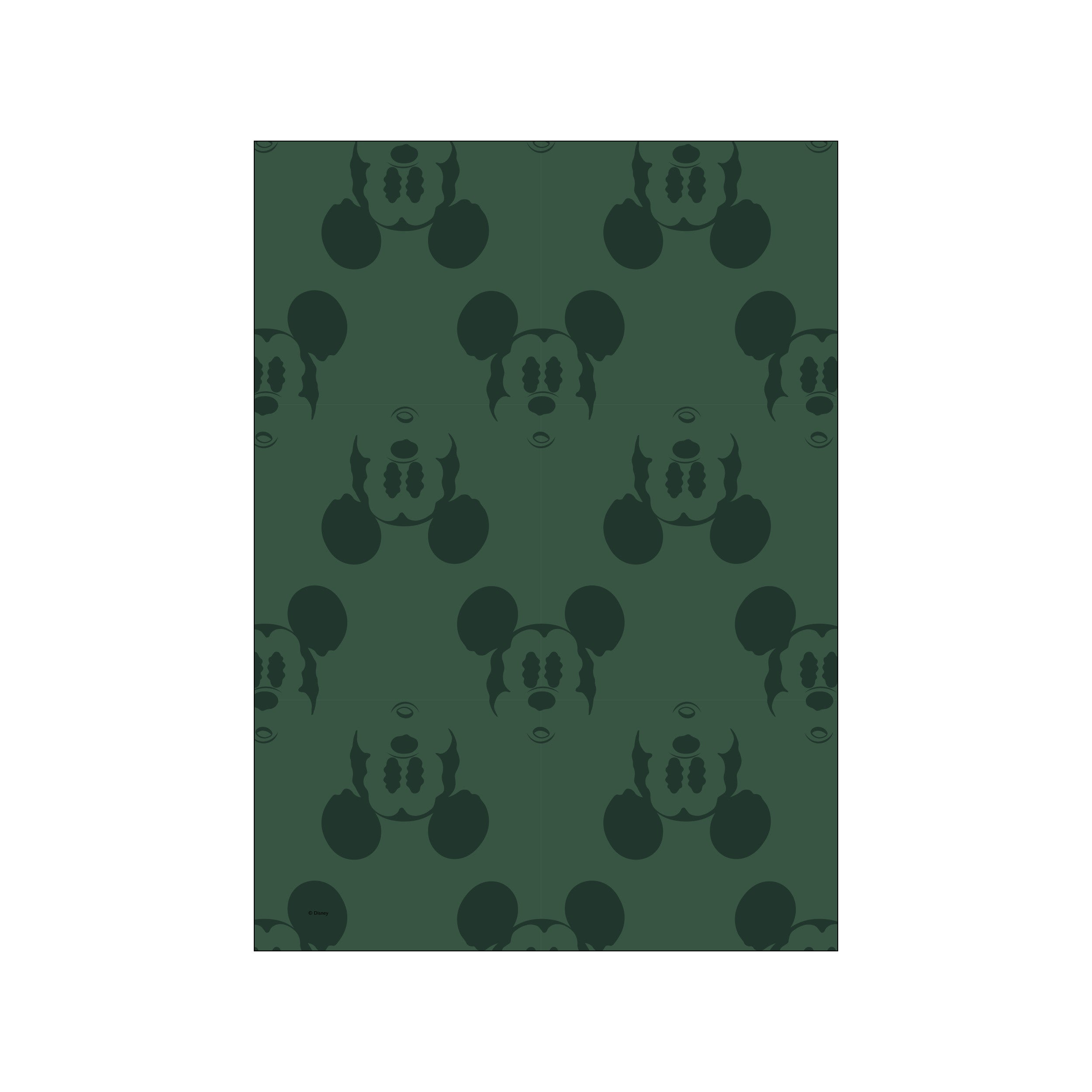 A repeating pattern of dark, silhouetted Mickey Mouse faces against a deep forest green background. The artwork has a modern, graphic, and subtly whimsical feel, evoking a sense of playful sophistication.