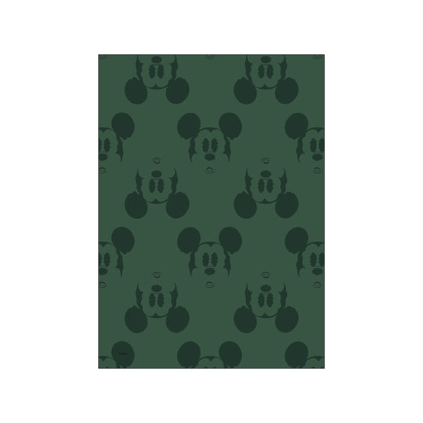 A repeating pattern of dark, silhouetted Mickey Mouse faces against a deep forest green background. The artwork has a modern, graphic, and subtly whimsical feel, evoking a sense of playful sophistication.