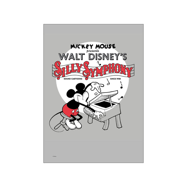 Mickey Mouse playfully plays a piano with sheet music notes floating around him, rendered in a classic black, white, and red style against a soft grey background.