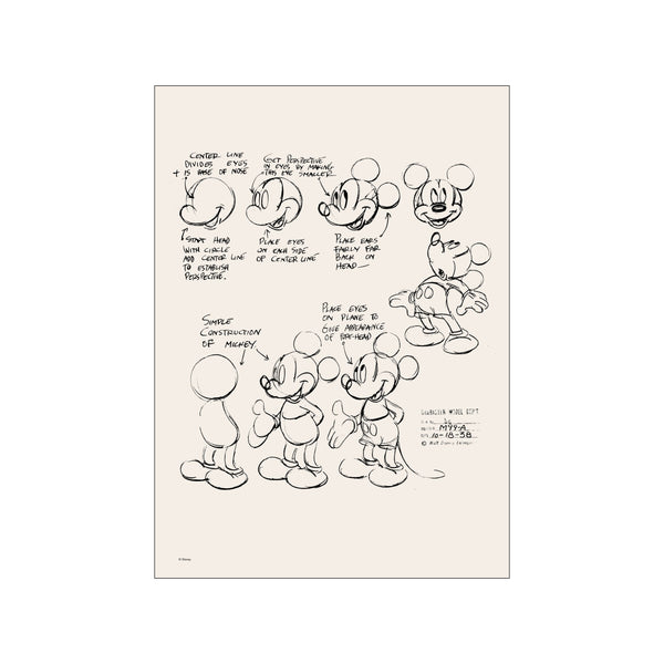 A sketch drawing of Mickey Mouse from different angles, with annotations and directional lines indicating perspective and construction. The style is simple, black ink on a cream-colored background.