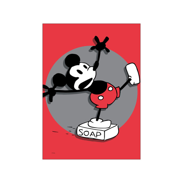 An artistic representation of Mickey Mouse caught in a comical moment of slipping on a bar of soap, depicted with bold black lines, red shorts, and a grey circle against a vibrant red background.