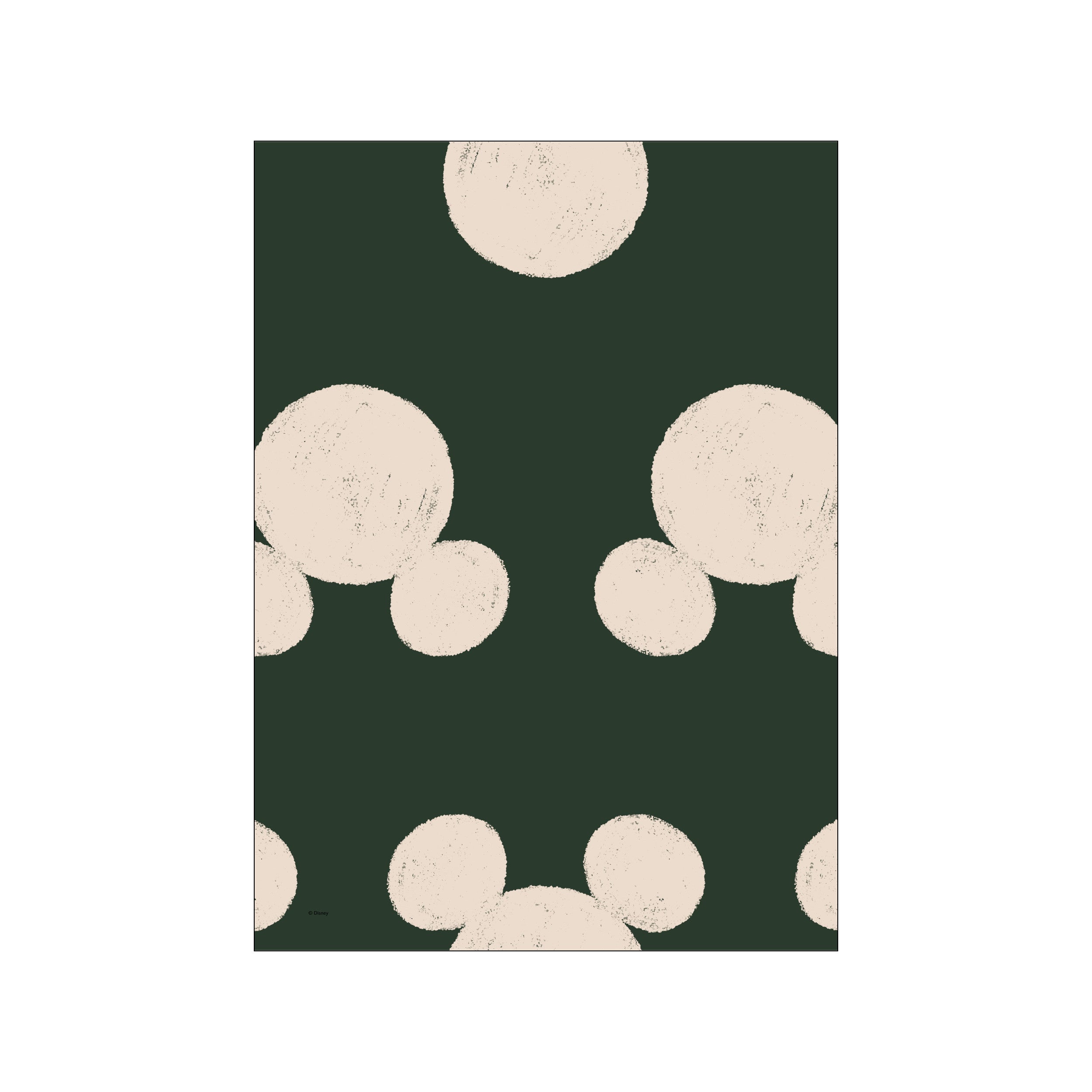 A decorative composition featuring creamy, hand-drawn circles arranged in a pattern against a deep, forest green background, suggesting the iconic silhouette of Mickey Mouse.