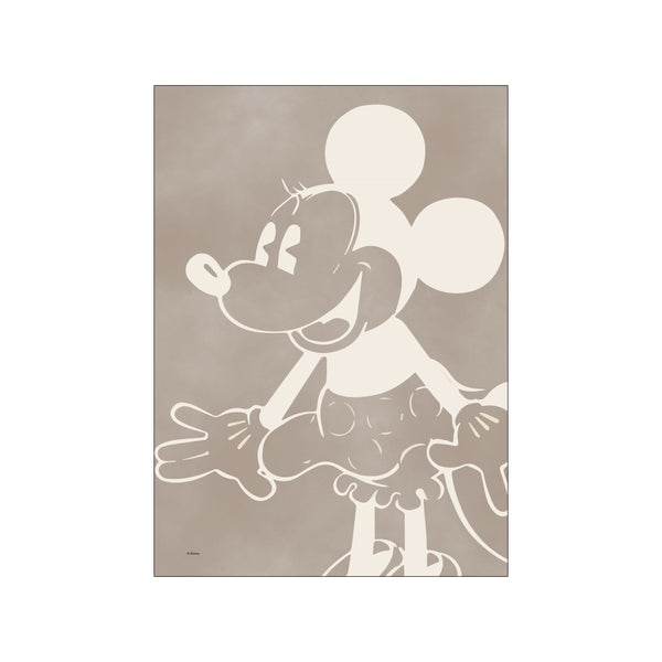 A creamy white outline of Minnie Mouse smiling joyfully against a soft, textured taupe background, conveying a vintage yet modern aesthetic.